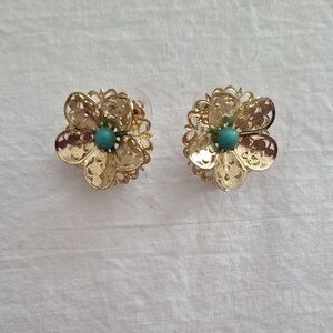 Gold and Green Filigree Floral Earrings